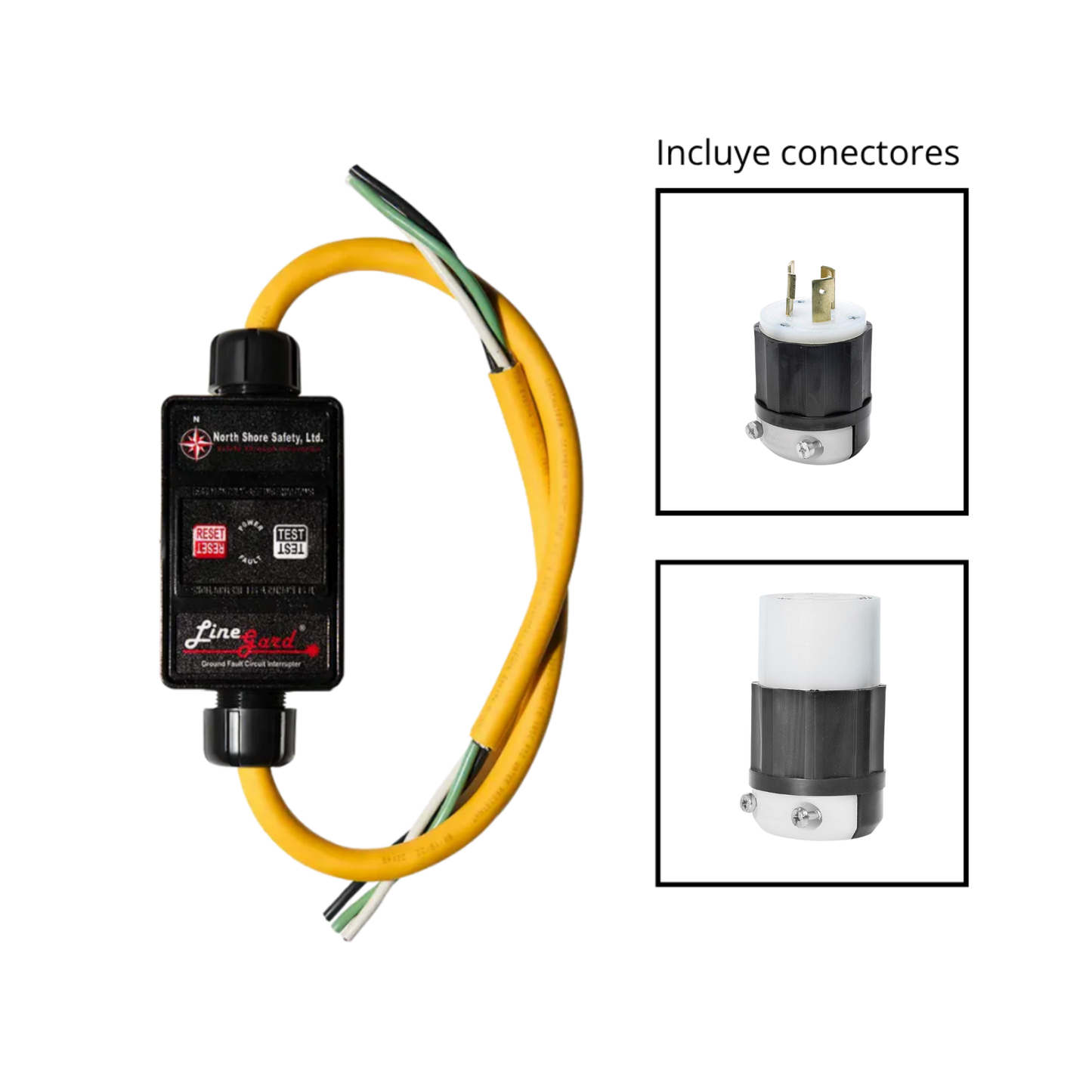 Cable extensión GFCI 220V NSS LineGard™ 30A 10/3 AWG, 2 ft, vista lateral con conectores