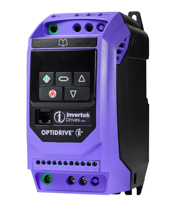 Invertek Optidrive E3 VFD 0.5 HP 0.37 kW 110-115V AC - Vista lateral con puertos de conexión