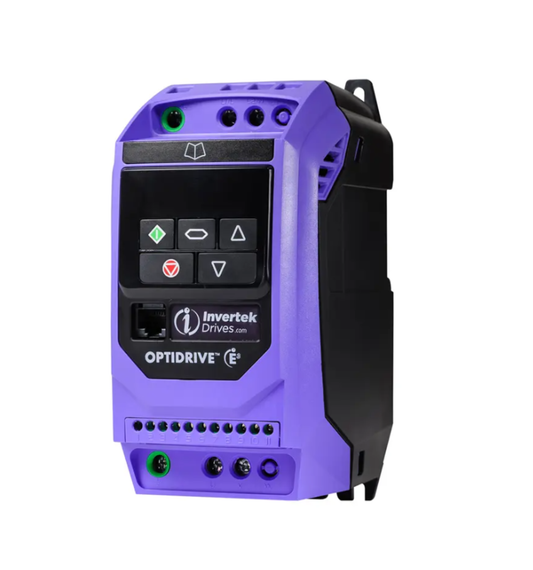 Invertek Optidrive E3 VFD 0.5 HP 0.37 kW 110-115V AC - Vista lateral con puertos de conexión