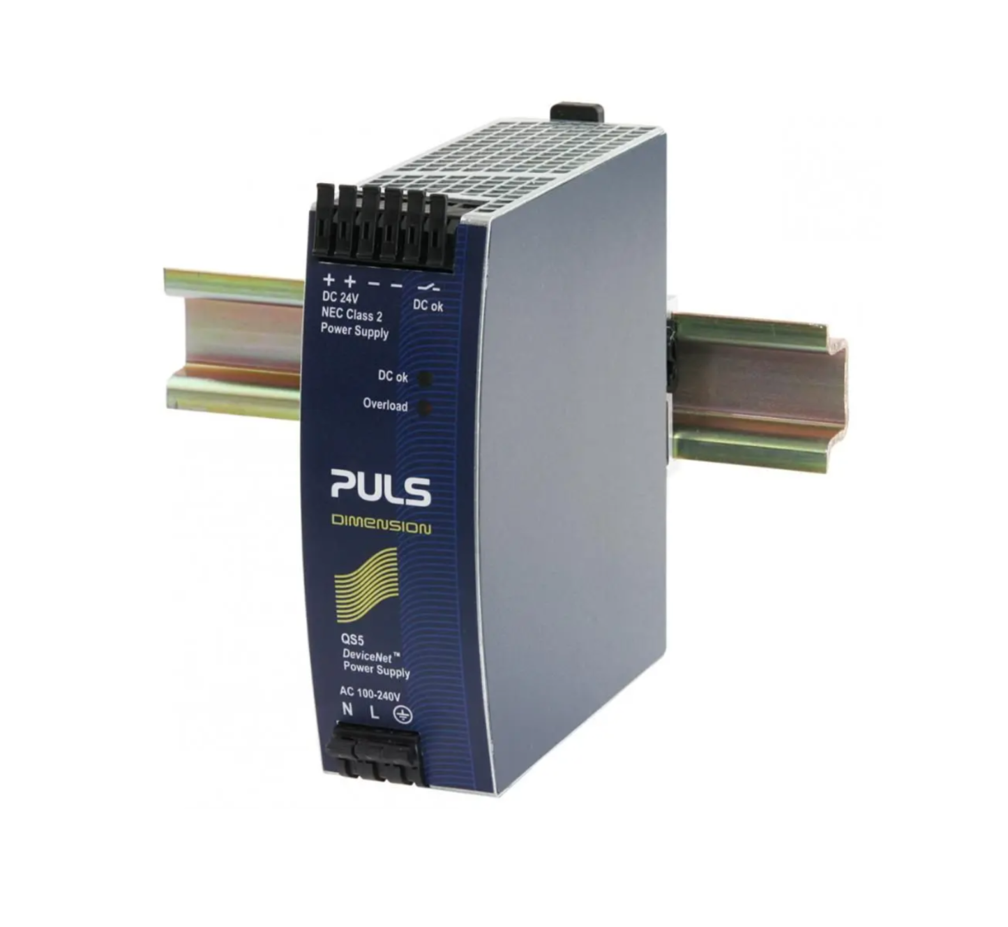Detalle de terminales y contacto de relé de la fuente PULS QS5.DNET 24VDC 92W, conexión para PLC y SCADA, serie DIMENSION Alemania