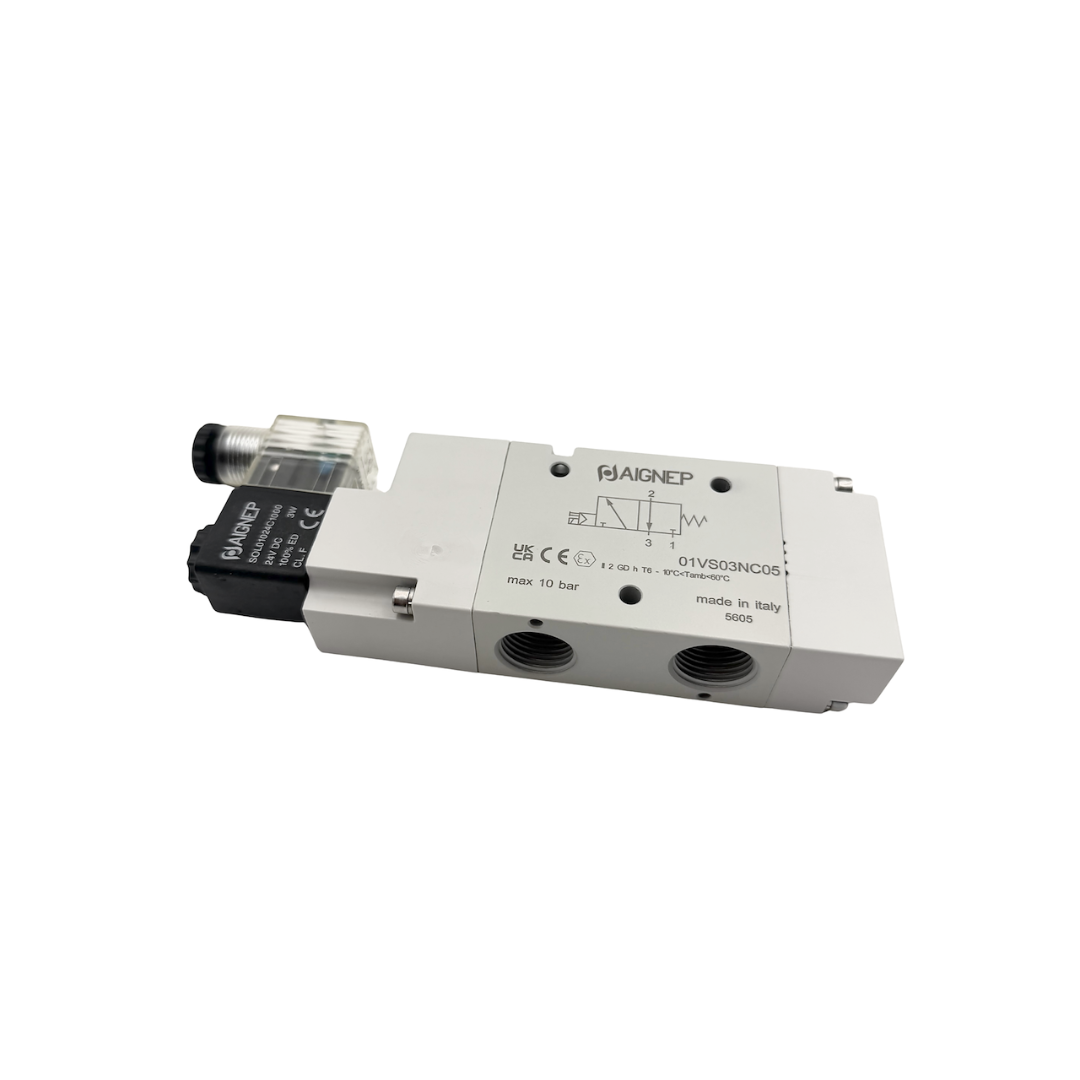 Electroválvula 1/2 3/2 vías monoestable con conector y bobina Aignep - Vista lateral