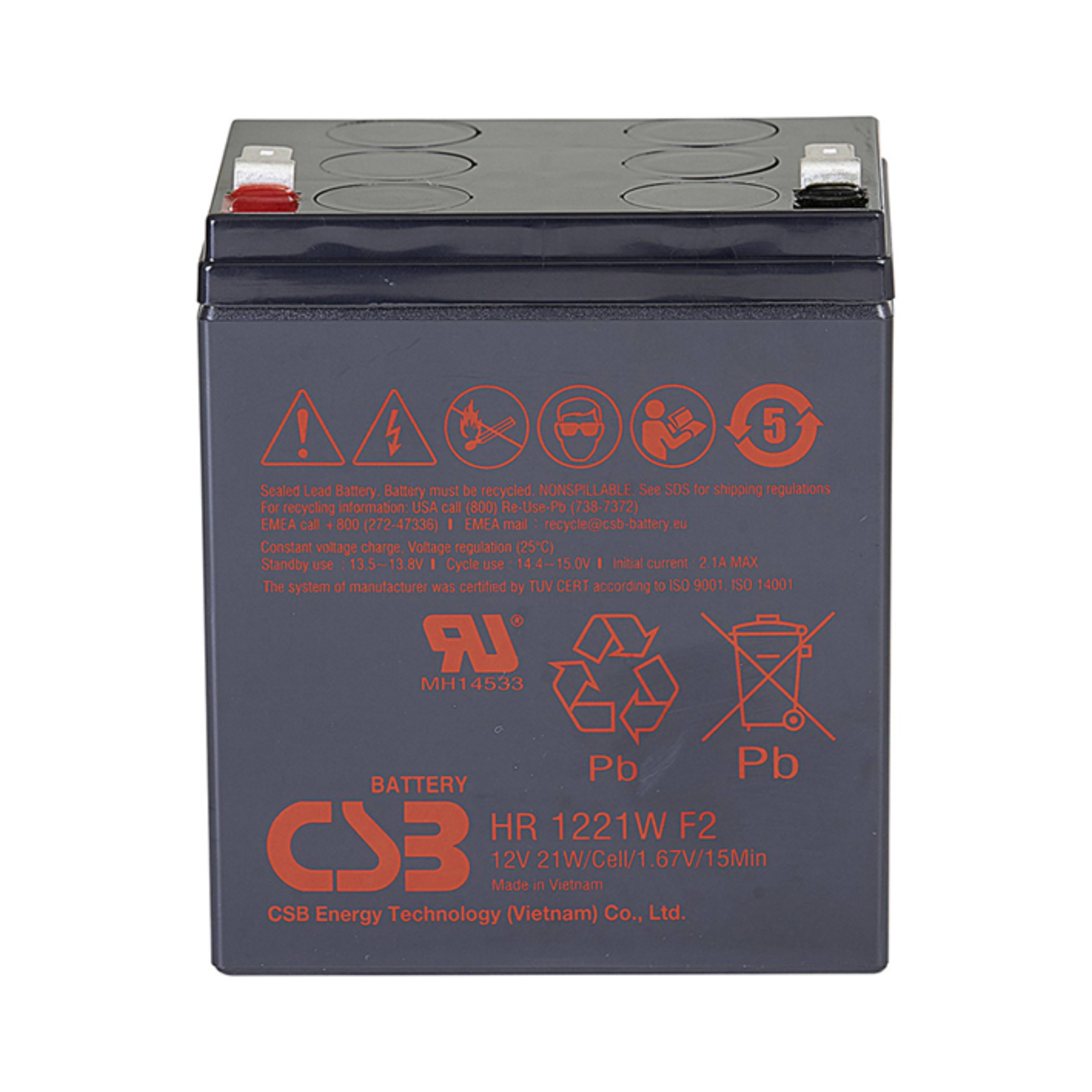 CSB HR1221WF2 BaterĂa Sellada VRLA AGM 12V 5.1Ah Alta Tasa de Descarga para UPS - Vista frontal