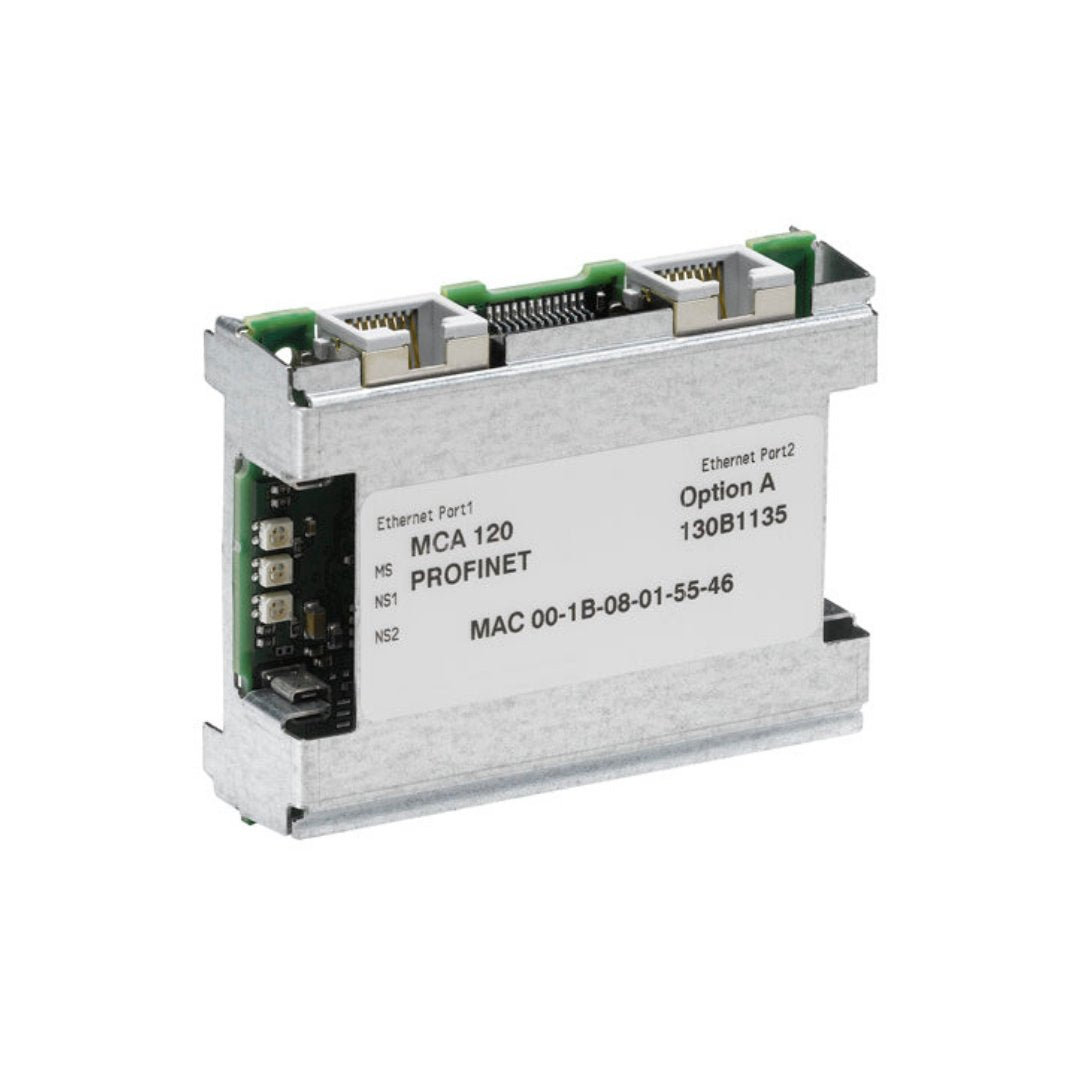 Danfoss MCA 120 PROFINET Option Card 130B1135 - Vista lateral con puertos Ethernet RJ45 y etiqueta de identificación