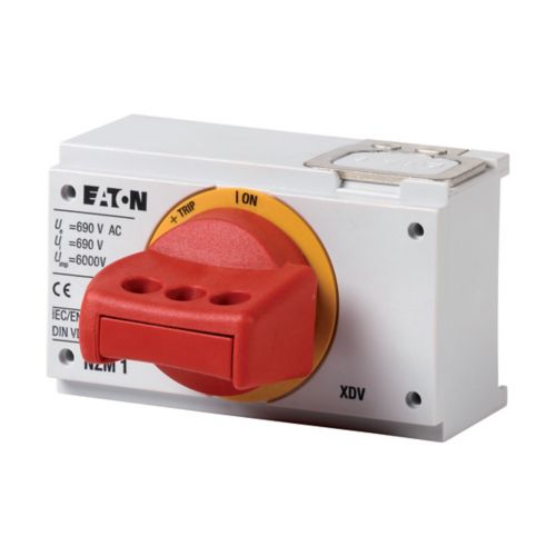 Selector giratorio Eaton NZM1-XDVG con bloqueo superior (ref. 260135), interbloqueo de puerta, certificaciones UL CSA IEC RoHS
