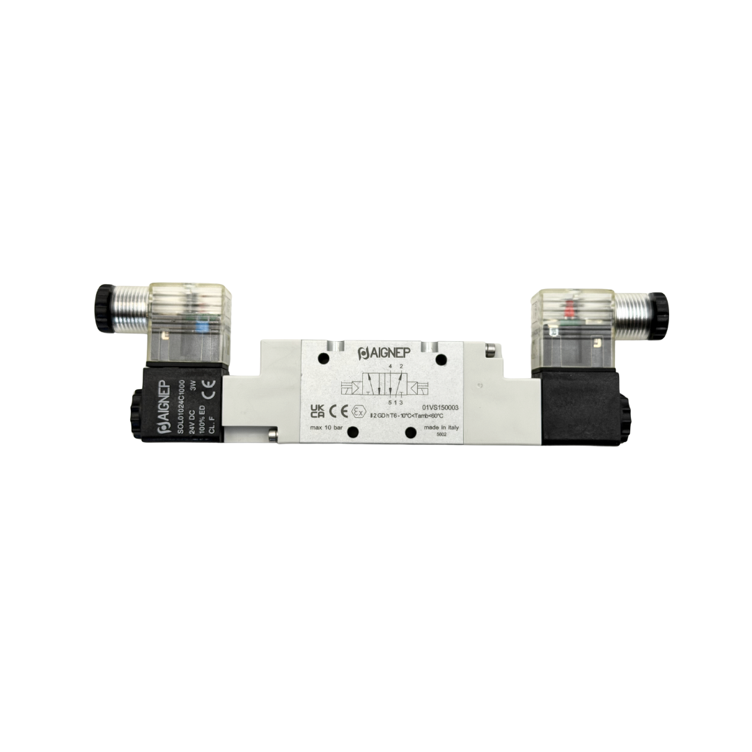 Electroválvula 1/4", 5/2 Vías, Biestable + Conector + Bobina | Aignep