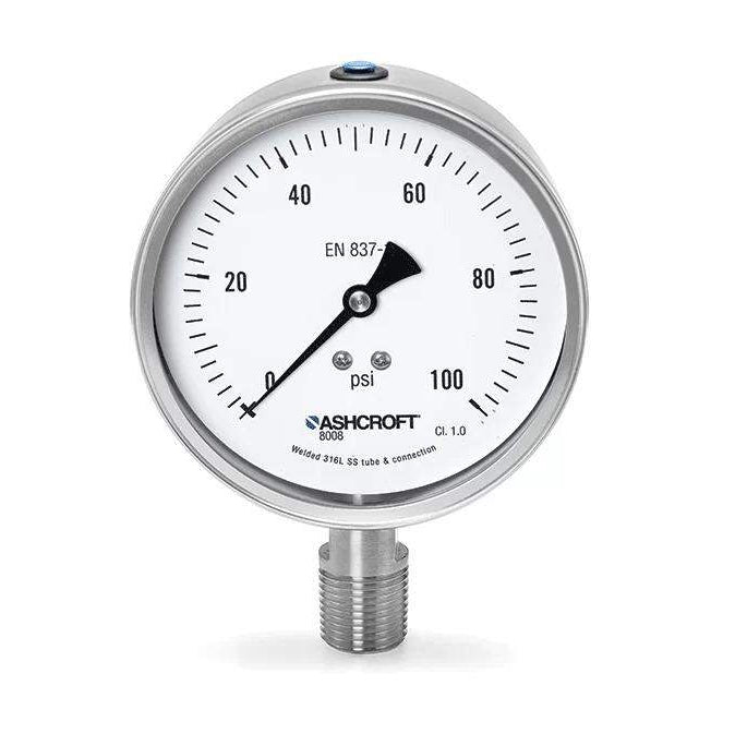 Manómetro Ashcroft 8008S en acero inoxidable, dial 2.5", conexión trasera 1/4" NPT, rango 0-200 psi