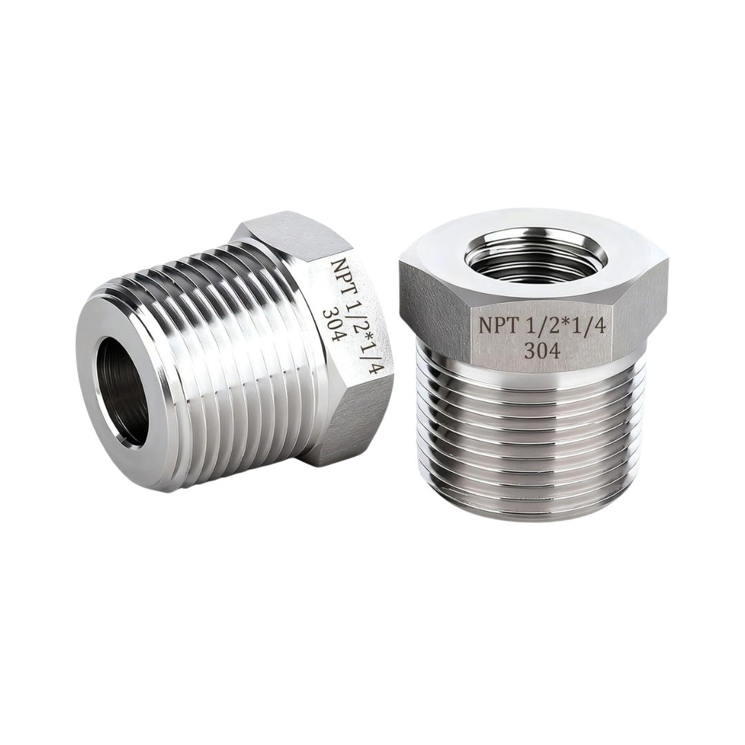 Bushing reductor inoxidable AISI 304 NPT para manómetros, sensores de presión y sistemas de aire comprimido, industria alimentaria y farmacéutica