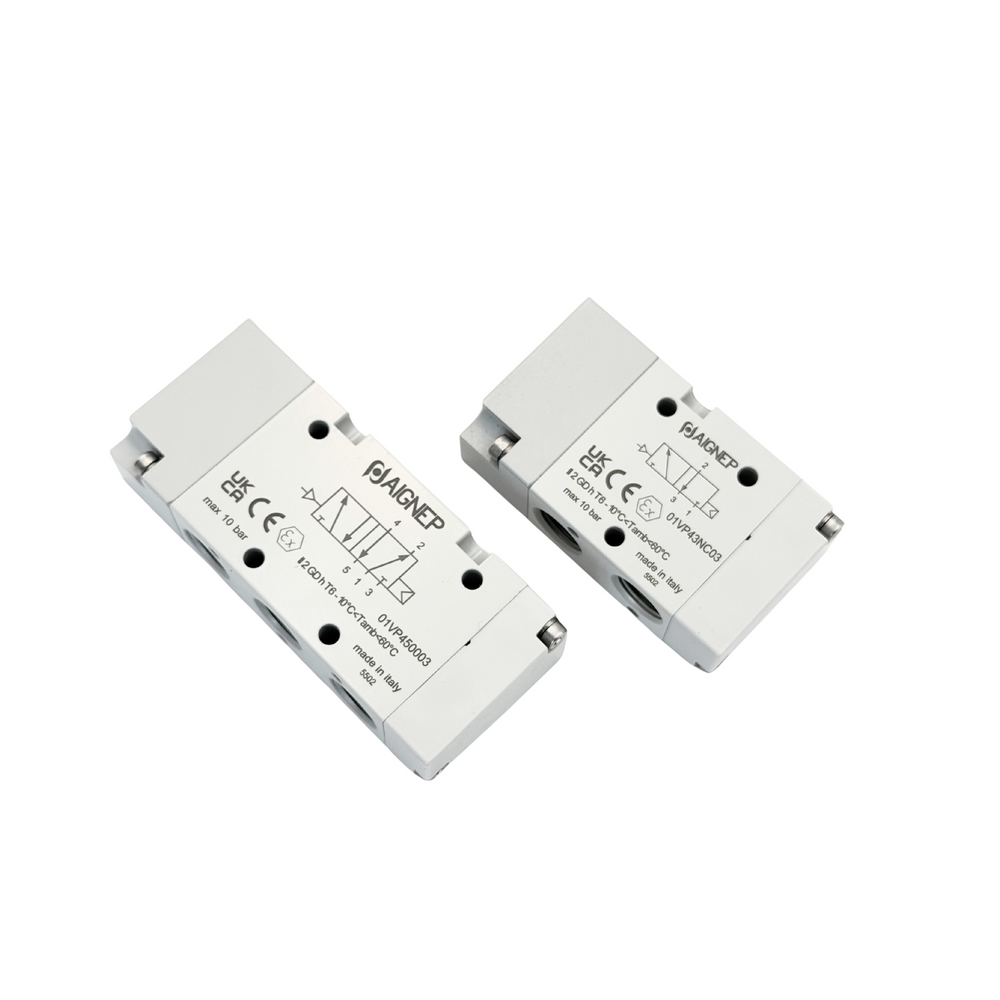 Válvula neumática pilotada NC AIGNEP Serie 01V, conexión G1/4", 3/2 vías, retorno neumático