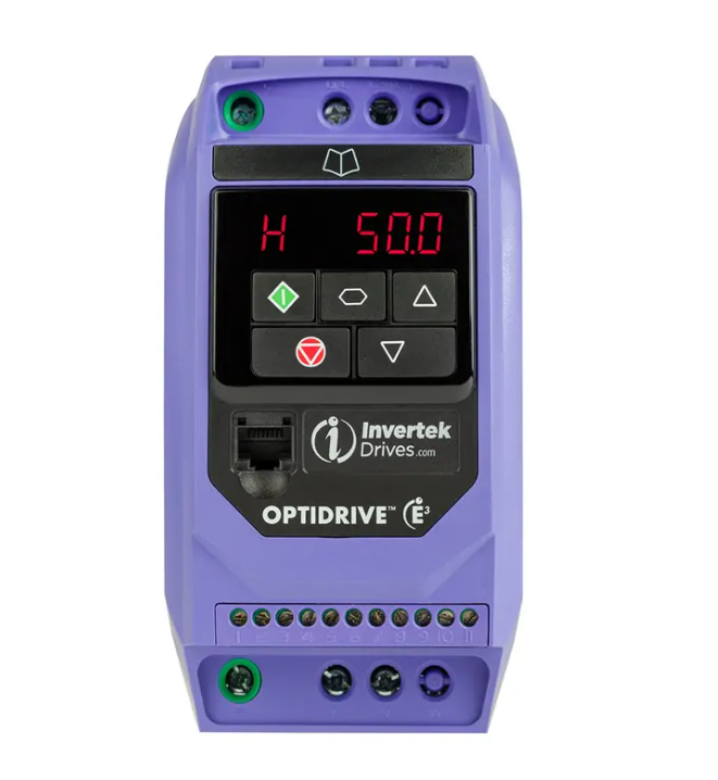 Invertek Optidrive E3 Variador de Frecuencia 0.5 HP 110V AC - Vista frontal con display de velocidad