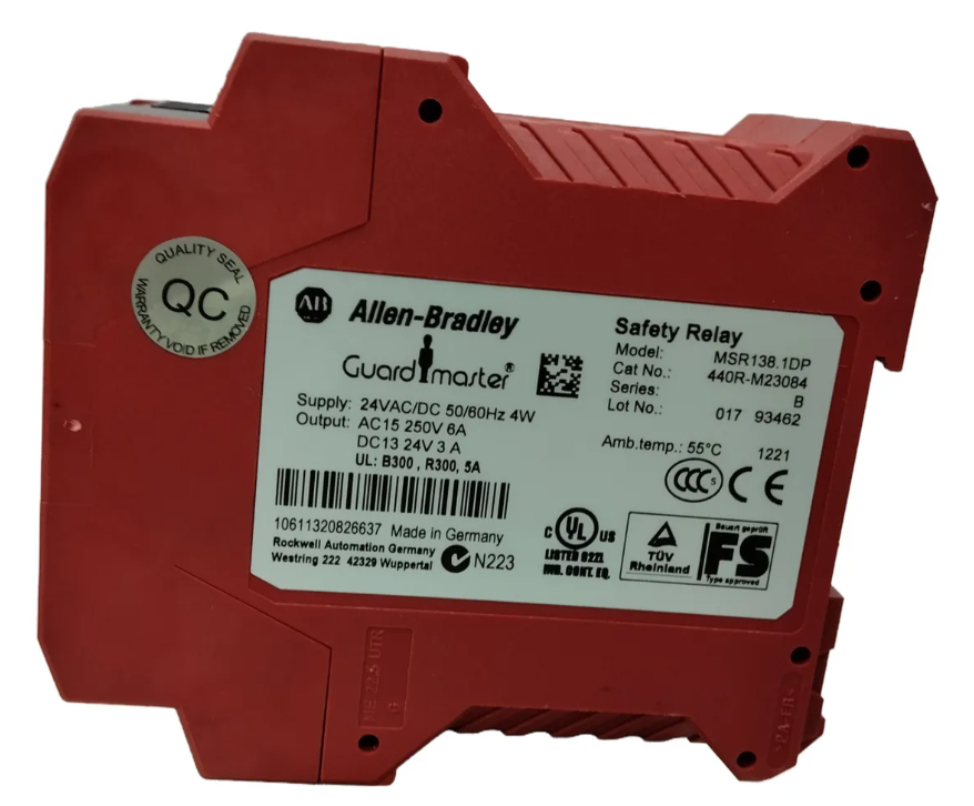 Especificaciones y diagrama de conexión del relé de seguridad Allen-Bradley 440R-M23084, modos de parada inmediata y retardada, Rockwell Automation