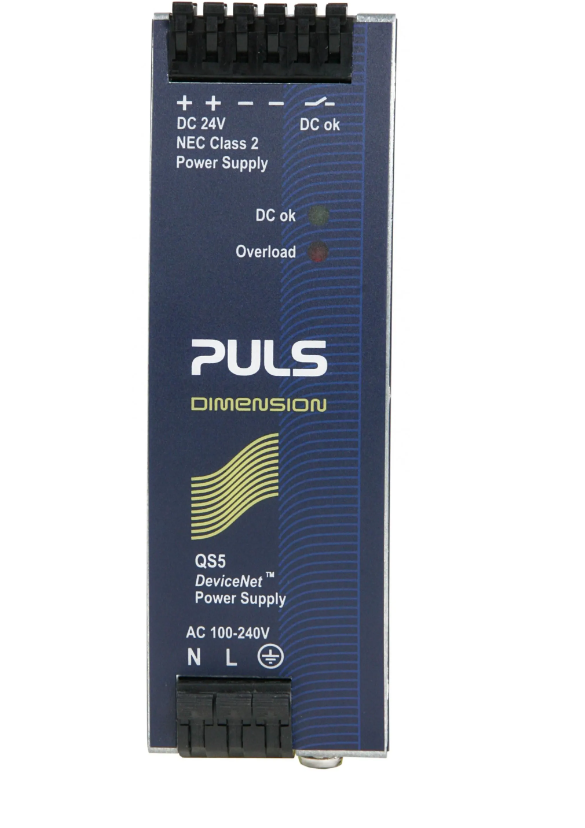 Fuente de alimentación PULS QS5.DNET 24V DC 3.8A 92W NEC Class 2, montaje riel DIN, con indicadores LED verde y rojo, vista frontal