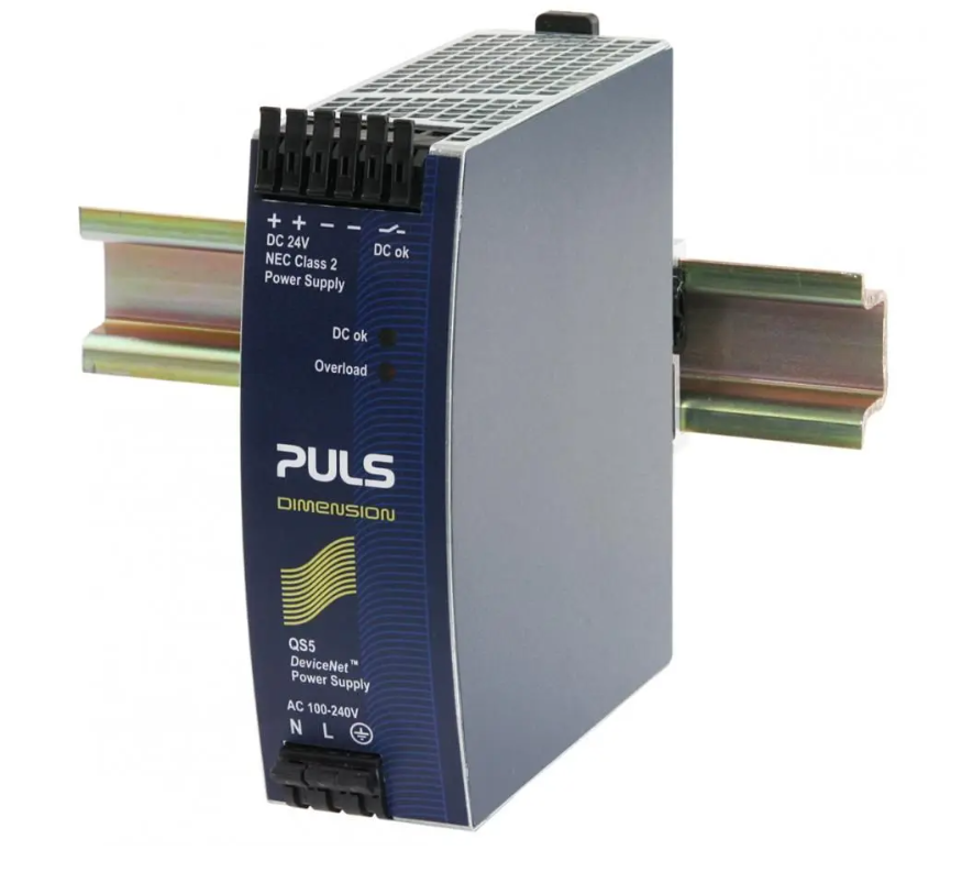 Detalle de terminales y contacto de relé de la fuente PULS QS5.DNET 24VDC 92W, conexión para PLC y SCADA, serie DIMENSION Alemania