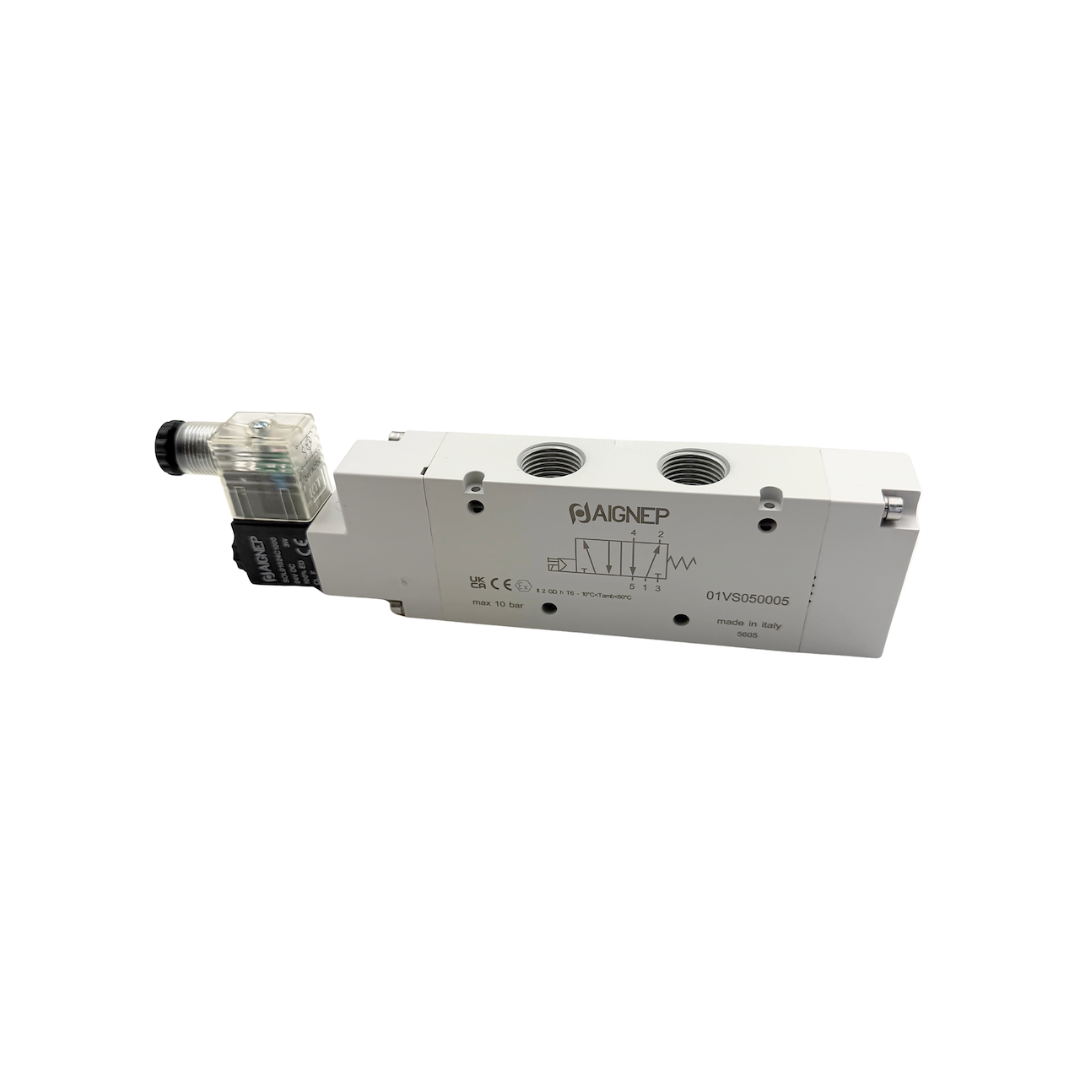 Electroválvula 1/2 5/2 vías monoestable con conector y bobina Aignep - Vista frontal