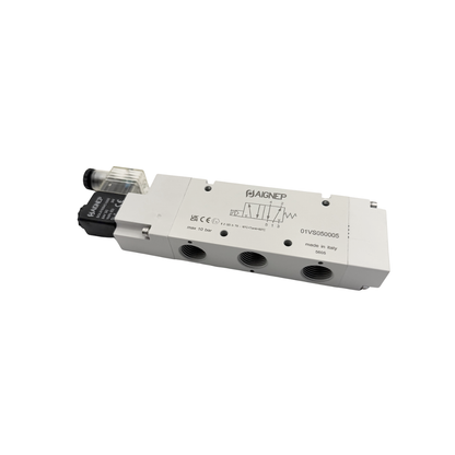 Electroválvula 1/2 5/2 vías monoestable con conector y bobina Aignep - Vista lateral