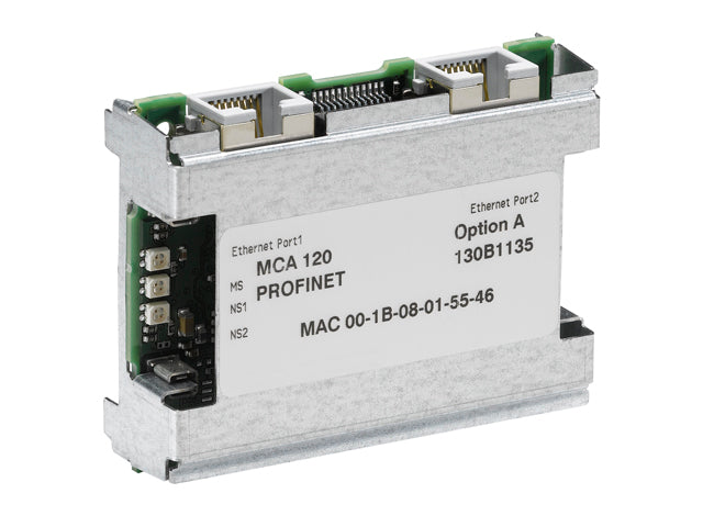 Danfoss MCA 120 PROFINET Option Card 130B1135 - Vista lateral con puertos Ethernet RJ45 y etiqueta de identificación
