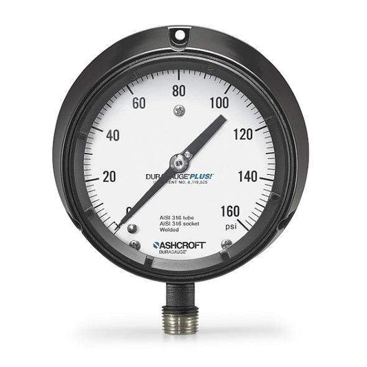 Manómetro Ashcroft 1279 Duragauge, carátula 4.5", conexión vertical 1/2" NPT, frente sólido