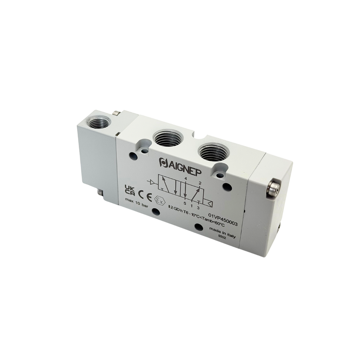 Válvula AIGNEP 01V 5/2 vías NC con pilotaje neumático, conexión G1/4", fabricada en Italia